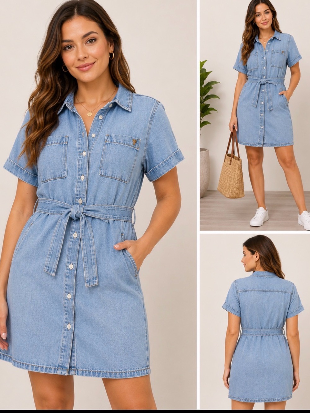 Frye Light Wash Denim Belted Button Front Shirt Dress Size Medium - Picture 1 of 6